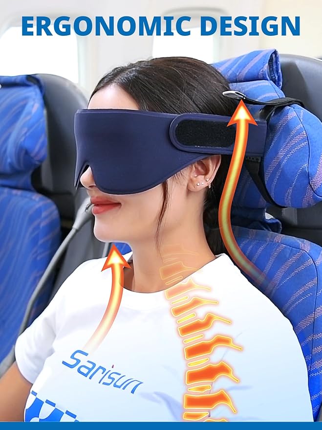 SARISUN Airplane Head Strap 3D Eye Mask, Travel Pillow Alternative for Long Flight, Travel Essentials 360° Support Sleep Head Hold, Stop Bobblehead, Ultra-Compact Lightweight, Purple