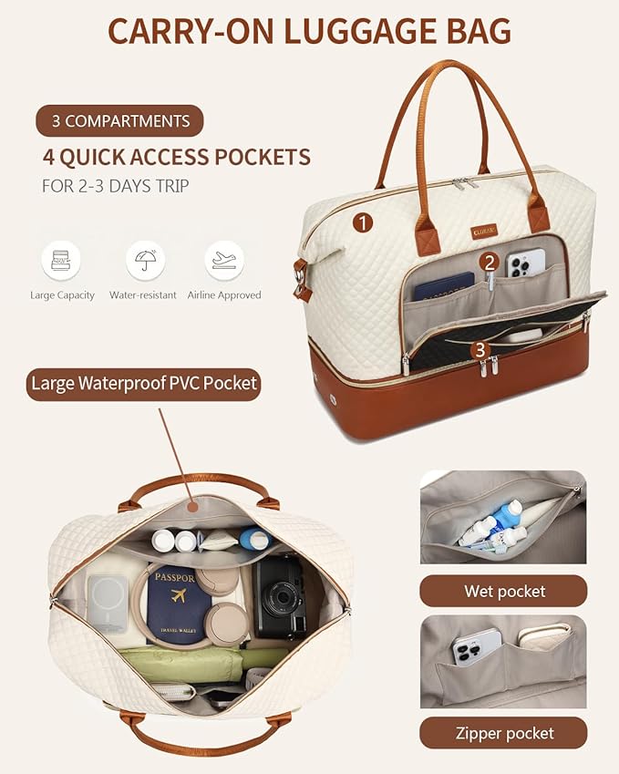 Weekender Bags for Women, Travel Duffle Bag Carry On Overnight Bag with Cosmetics Bag and Crossbody Purse for Gym Hospital, Gifts for Women, Beigeblack Brown