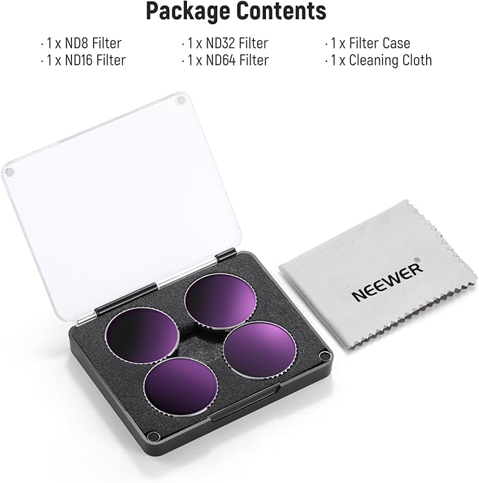 NEEWER ND Filter Set Compatible with DJI Osmo Action 4/Action 5 Pro (4 Pack), Screw On ND8 + ND16 + ND32 + ND64 Filter Kit Action Camera Accessories Multicoated HD Optical Glass, FL-B04