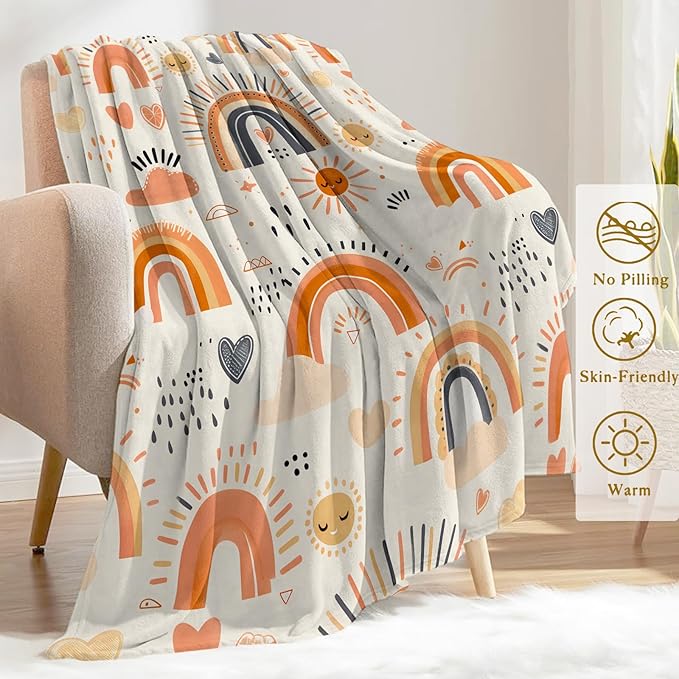 Rainbow Flannel Blanket - Cute Sunshine Colorful Boho Throw - Lightweight Soft Cozy Gifts Blankets for Kids Girls,Modern Home Room Bedroom Whimsical Bohemian Decor 50x60in