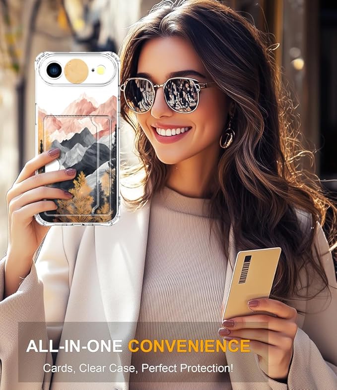 Compatible with iPhone 17 Air Case Card Holder for Women Cute Design,Wallet Phone Cases Transparent Cool Kawaii Protective (Clear Mountain Hill Landscape)