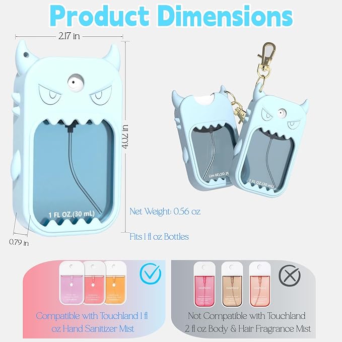 Hand Sanitizer Case Compatible with Touchland 1 Fl Oz, Cute Monster Silicone Spray Holder with Keychain for Bags, Sky Blue