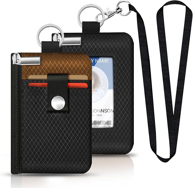 Minimalist RFID Blocking Small Wallet with ID Window,WaterResistant Zip Id Case Wallet with Lanyard Keychain for Cards,Cash,Travel,Women,Men (Black/Brown)