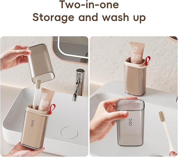 Topavatop Toothbrush Travel Case, 2 in 1 Toothbrush Holder and Rinse Cup, Large Capacity Toothbrush Cup with Cover, Portable Travel Toothbrush Holder for Traveling, Camping, Trip - 1Pcs - Grey&White