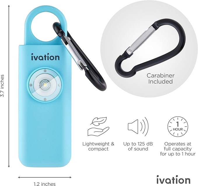 Ivation Personal SOS Alarm Keychain | Self-Defense Safety Siren & LED Panic Strobe Light with Carabiner Clip for Women, Children & Seniors | Pocket Size, Loud 125 dB Sound, Air Travel Friendly