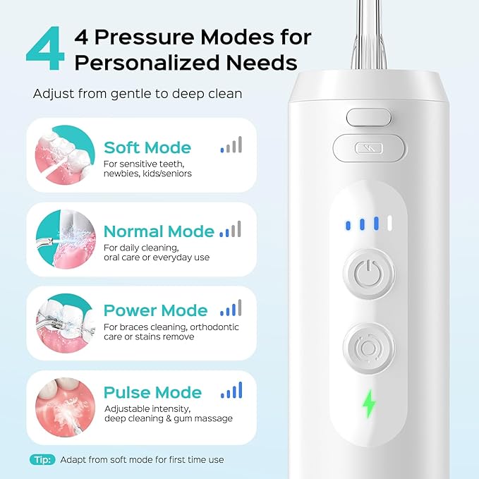 COSLUS T40 Mini Water Flosser for Travel: Portable Compact Design, Cordless Oral Irrigator with 4 Jet Tips Storable, IPX7 Waterproof for Braces, Orthodontic, Sensitive Gums Outing & Home, White