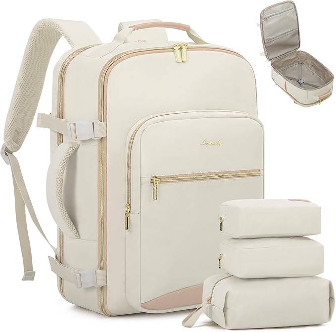 LOVEVOOK Travel Backpack for Women & Men 50L,Airline Approved Carry On Backpack Travel Essential,TSA Carry on Luggage,Waterproof Personal Item Travel Bag,Suitcase with 3 Packing Cube,Beige-Flesh beige