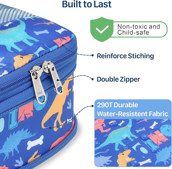 Kids Compression Packing Cubes, 4 Piece Set for Carry On Suitcase, Water Resistant Travel Luggage Organizers with Shoe Bag, Toddler Backpack Essentials (Blue Dinosaur)