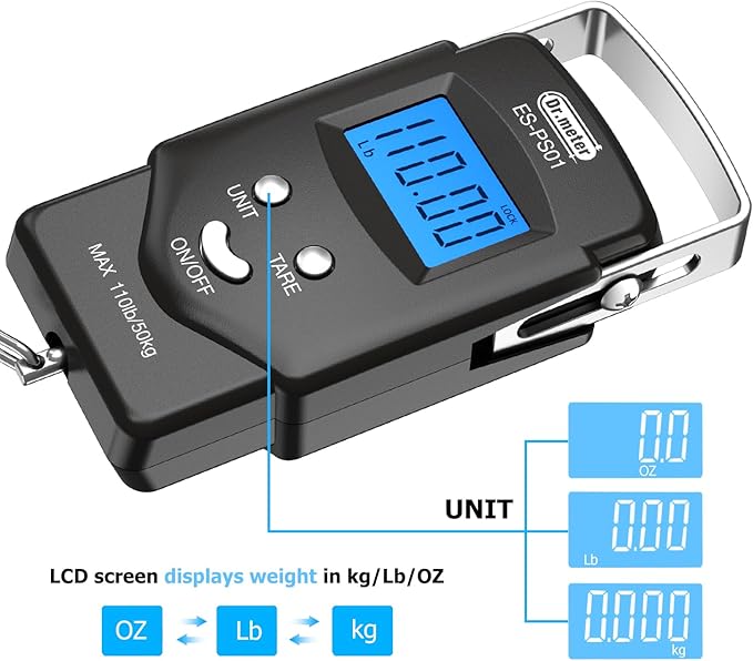 Dr.meter Fish Scale Luggage Scale Fishing Gear - 110lb Backlit LCD Display Digital Scale with Built-in Measuring Tape - Fishing Scale with 2 AAA Batteries, Pocket Size - Fishing Gifts for Men