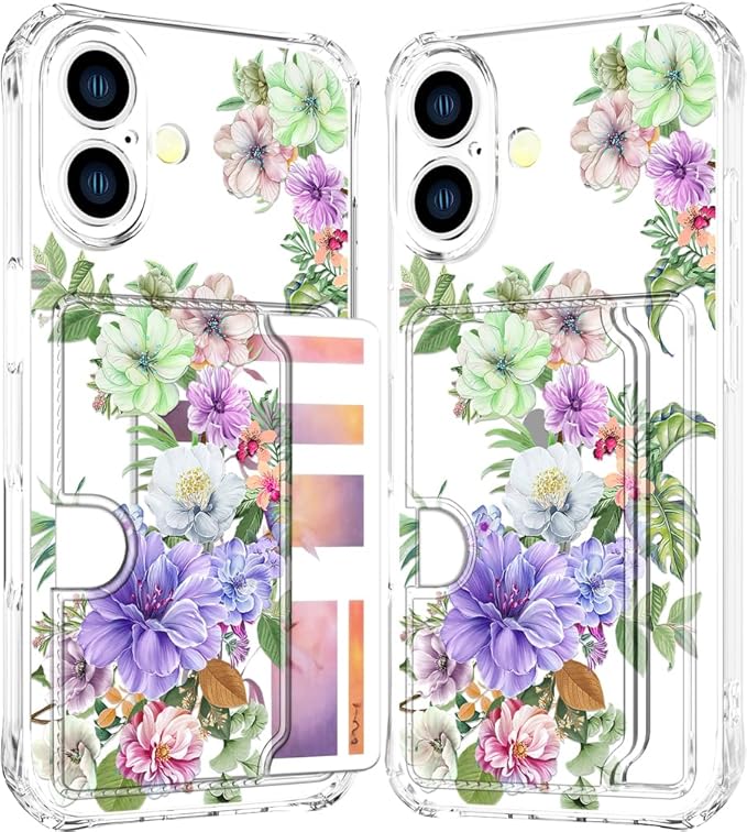 Compatible with iPhone 16 Plus Case Card Holder for Women Cute Design,Wallet Phone Cases Transparent Cool Kawaii Protective (Clear Impressive Flowers)
