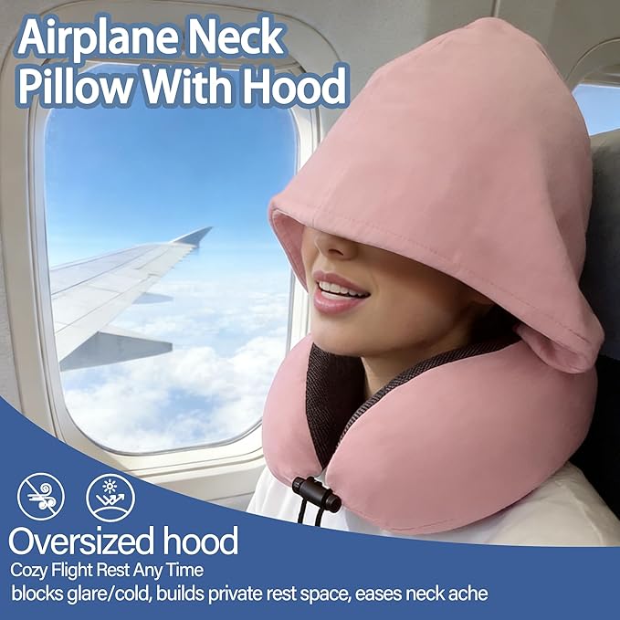 Travel Neck Pillow with Hood Memory Foam Sleeping Airplane Pillows Long Flight Neck Support Plane Essentials Grey