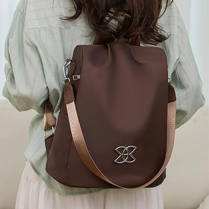 Anti-Theft Backpack for Women Brown Nylon Stylish Anti-Theft Bags for Women with Detachable Hook Lightweight Large Capacity Backpack for Travel Daily