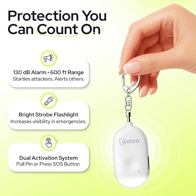 Weten Rechargeable Personal Alarm Keychain - 130dB Siren & LED Light - Stylish Personal Safety Alert for Women to Carry - Panic Button Alarm for Security - Rape Whistle for Self Defense (White)
