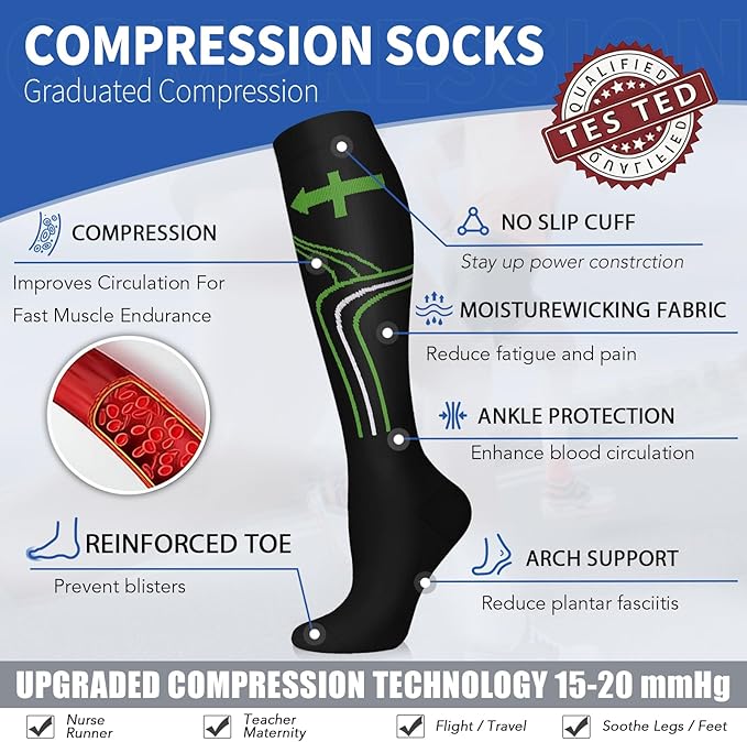 Sooverki Copper Compression Socks for Men & Women 8 Pack 15-20mmHg - Knee High Stockings Best Support for Running Athletic
