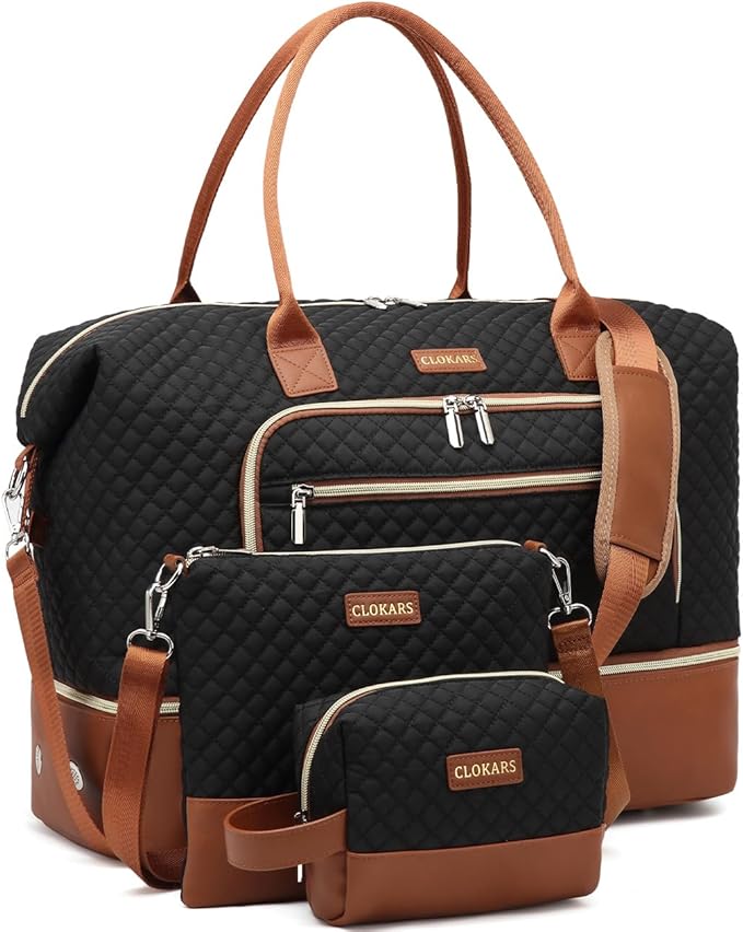 Large Women Travel Duffle Bag, Weekender Bag Overnight Bag with Shoe Compartment, Carry on Bag with Crossbody Purse for Over Night, Weekend, Yoga, Gym, Business Trips, Hospital, Black Brown