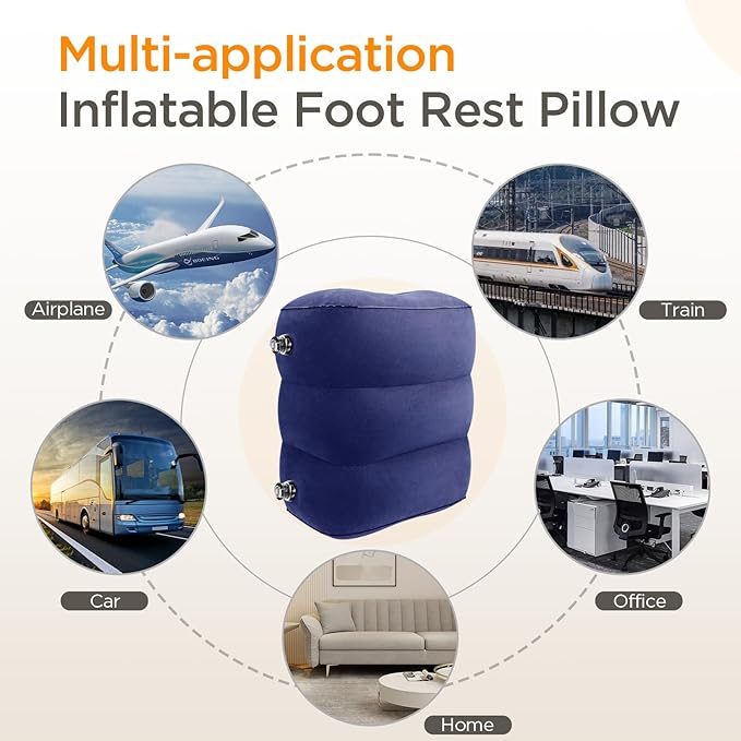 HOMCA Inflatable Travel Foot Rest Pillow (2-Pack) Adjustable Height Leg Pillow Fast Inflating Airplane Bed for Toddlers Footrest Pillow for Office, Airplane, Train, Cars, Home (Blue)