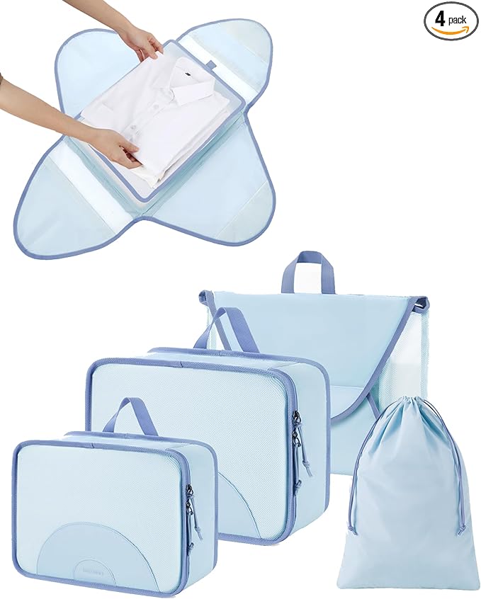 BAGSMART Garment Folder Packing Cubes for Travel, 4 Set Lightweight Travel Cubes for Wrinkle Free, Durable Suitcase Organizers Bag Set for Travel Essentials Sky Blue