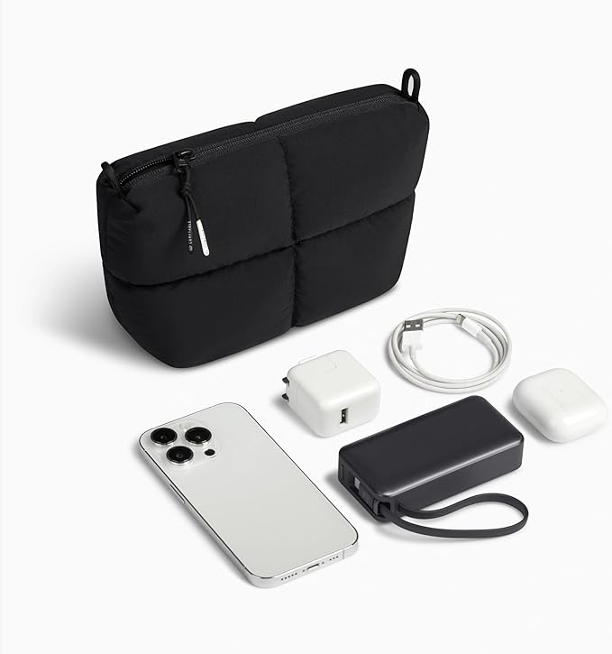 Comfyable Puffy Electronics Organizer Travel Case, Cute Tech Pouch for Women Men, Cable Storage Bag for Charger, Phone, Power Bank, Cord, Compact Tech Accessories Pouch, Black