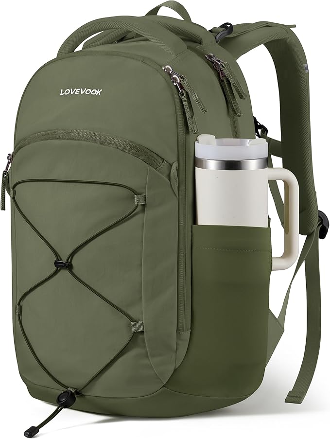 LOVEVOOK Everyday Laptop Backpack for Women & Men With Tumbler Holder,15.6 Inch Classic Travel Work College Teacher Carry on Backpack Purse,Waterproof Computer laptop Bag Hiking Backpack,Olive Green