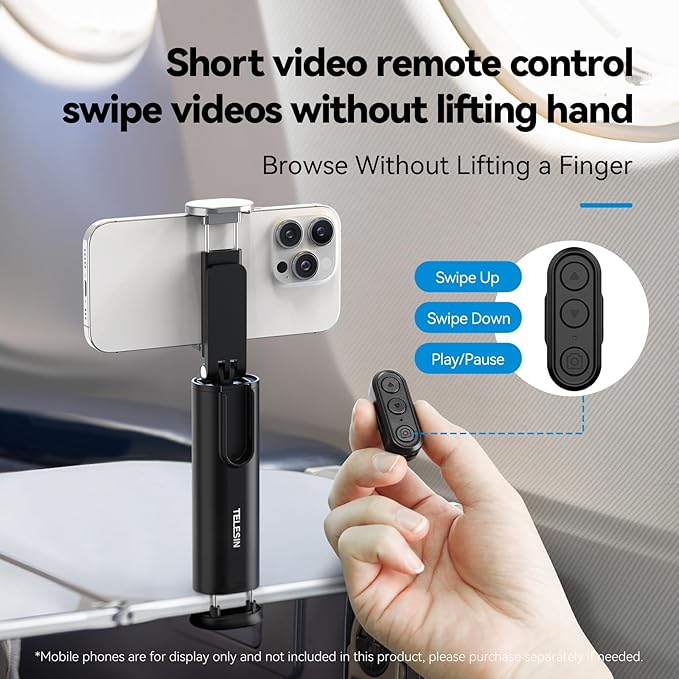 Universal Airplane Phone Holder, Handsfree Bluetooth Phone Stand with 360° Rotation, Travel Essentials Page Turner Remote for TikTok & Mobile Controller, Ideal for Flying, Home, and Office Use