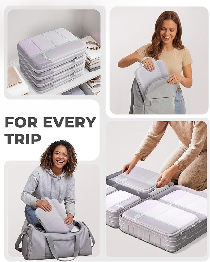 Percover Compression Packing Cubes 8-Piece Set, Packing Cubes Compression for Travel with Laundry Bag & Shoe Bag, Travel Organizer for Carry On & Checked Luggage, Purple