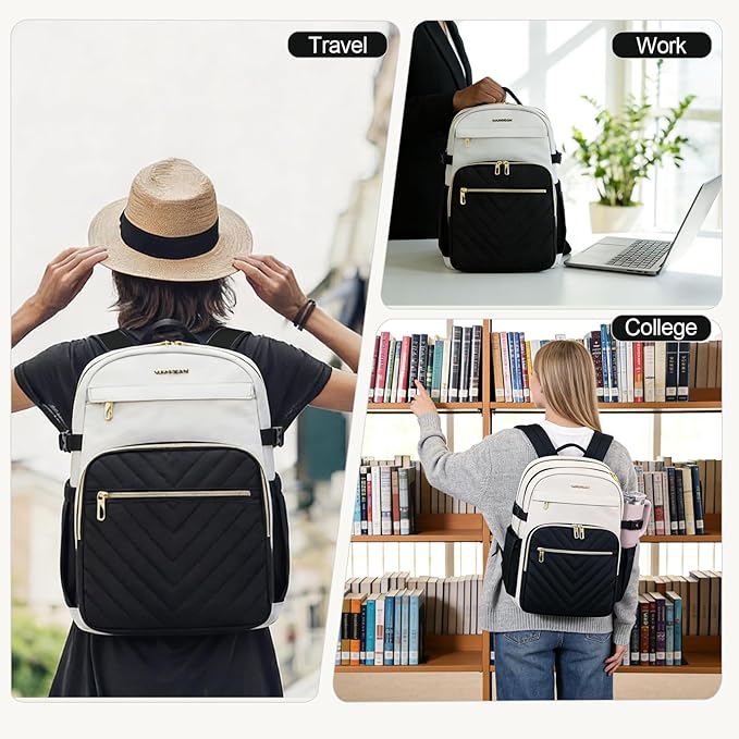 VANKEAN Laptop Backpack for Women with Pouch Pocket for Large Capacity Tumbler, 15.6 Inch Laptop Computer Bag Travel Backpack Purse,Waterproof Work Business Backpack College Teacher Bags Beige-Black