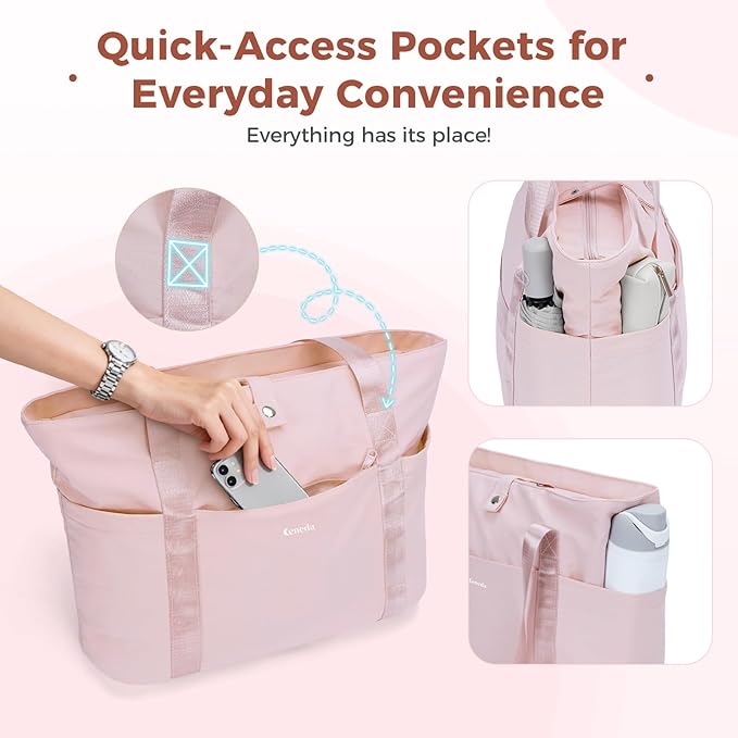 Ceneda Foldable Tote Bag for Women, Lightweight Work Bag with Dual Inner Cup Holders, Daily Handbag for Travel, Gym, Grocery | 40oz Tumbler Holder, Well-organized, Portable, Durable, 21L Large Capacity, Beach/Shopping/Trips, Ideal Gift for Her