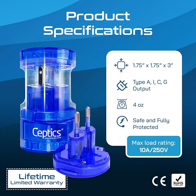 Ceptics Travel Adapter Plug Compact Worldwide International Kit - Works in Europe, Asia, China, England, Italy, New Zealand, Australia and More