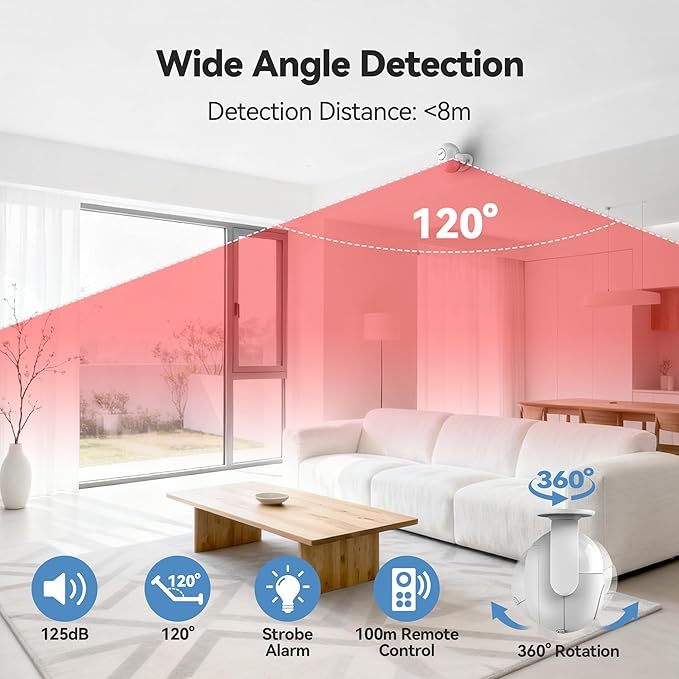 TECKNET 125dB Loud Indoor Motion Sensor Alarm with 328ft Remote Control (40ft PIR Detector, Batteries), Wireless Infrared Motion Sensor, Security Motion Detector with Siren for Home Garage Van