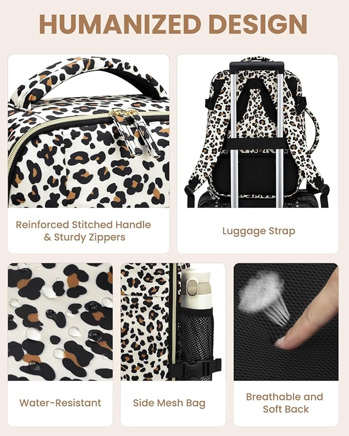 Pritent Travel Backpack for Women Man, Waterproof Laptop Backpack Travel Bag Airline Approved Carry on Weekender Overnight Bag Bookbag for Business,Travel, Work Fits 17.3 inch Laptop(Large,Leopard)