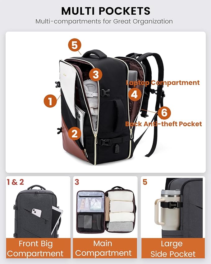 LOVEVOOK Carry on Travel Backpack, Large 40L for Men & Women Flight Approved with USB Charging Port&3 Packing Cubes, Large Suitcase Water Resistant Luggage Daypack Busi, Beige-Black