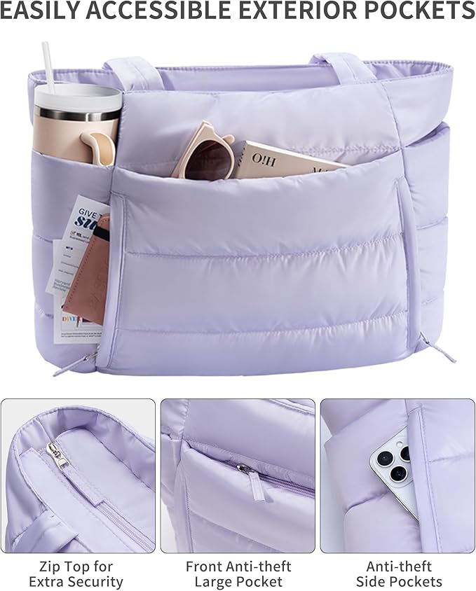 Bagstellar Puffer Tote Bag for Women, Lightweight Puffy Work Handbag Teacher Nurse Quilted Shoulder Bag for School Travel Gym | Cloud Bag w/ Zipper, Daily College Bags, 15.6" Computer Bag, Clinical Nursing Bag, 40 OZ Tumbler Holder, Ideal Gift for Women