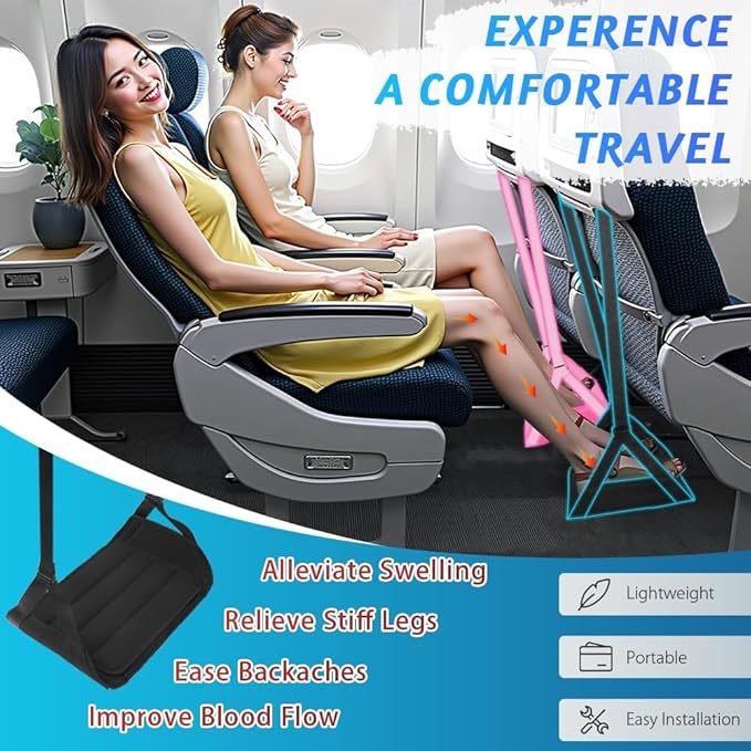 Airplane Foot Rest Hammock, Adjustable Travel Footrest with Storage Bag, Portable Under Desk Leg Support, Adjustable Leg Support for Long Flights