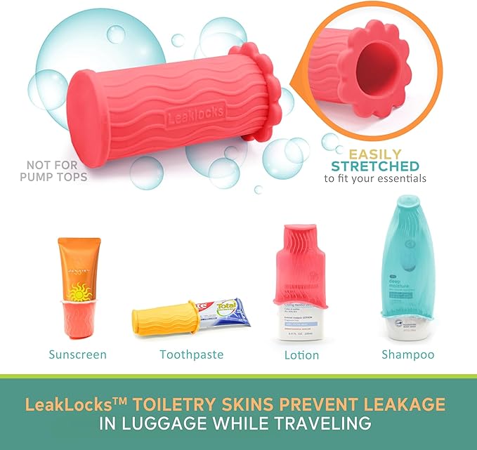 LeakLocks® Toiletry Skins 4-Pack w/Travel Bag. Elastic Sleeve for Leak-Proofing Travel Container in Luggage. Fits Standard/Travel Sized Toiletries. Reusable Accessory for Travel Bag Suitcase/Carry-on