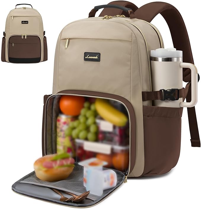 LOVEVOOK Lunch Backpack with Lunch Compartment,15.6Inch Laptop Work Travel Insulated Cooler Backpack,Waterproof College Teacher Lunch Bag Box with Tumbler Holder,Gifts for Men Women,Khaki-Coffee-Black
