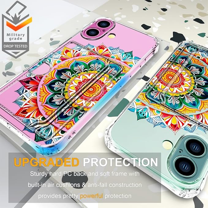 Compatible with iPhone 16 Case Card Holder for Women Cute Design,Wallet Phone Cases Transparent Cool Kawaii Protective (Clear Mandala Henna Flower)