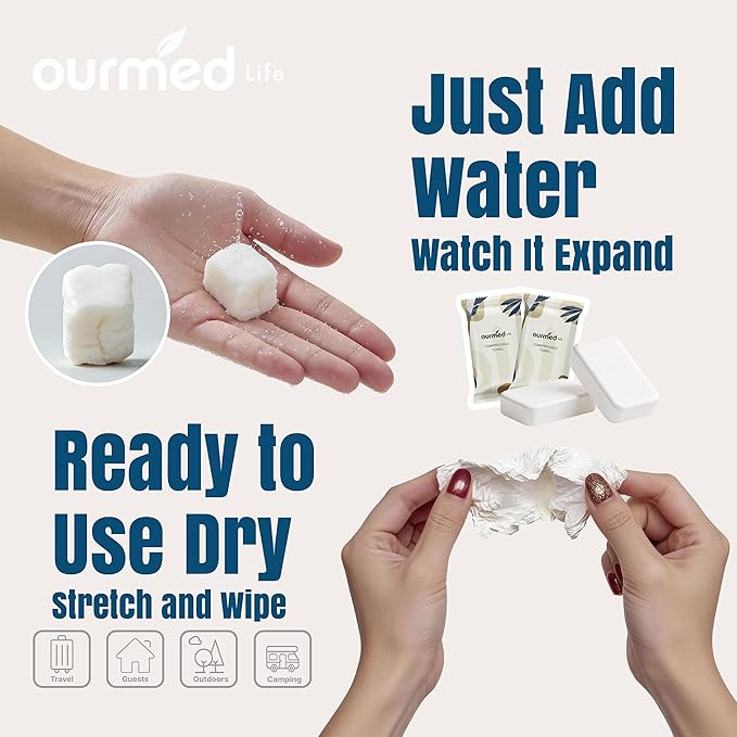 Ourmed Life Mini Compressed Towel Tablets, Portable Disposable Face Towels, Individually Wrapped Mini Tablets, Expands with Water, Soft & Lint-Free, 12 x 10 Inch, Travel Size (56 Count)