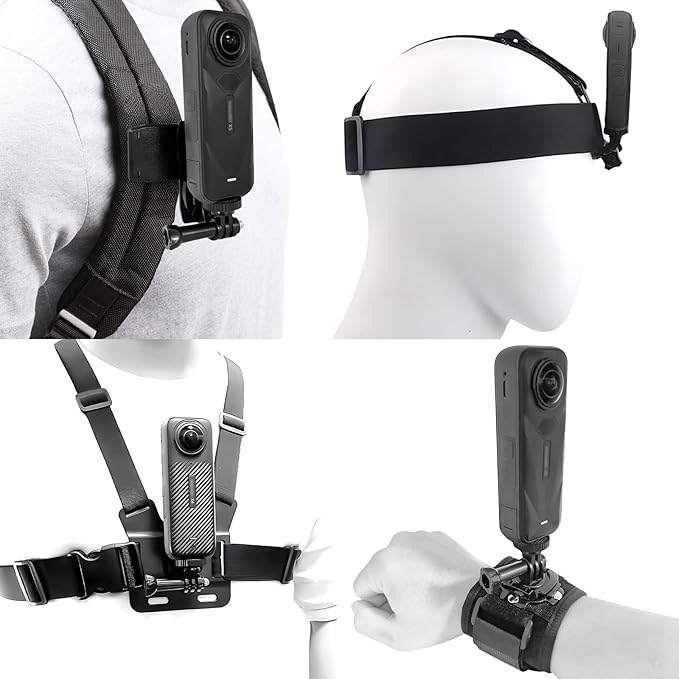 Accessories Set for Insta360 X5 X4 X3 X2 X, Head Strap Mount + Chest Mount Harness + Backpack Clip Holder + 360°Rotating Wrist Strap Compatible for GoPro Hero, DJI OSMO Action Camera and AK ASO