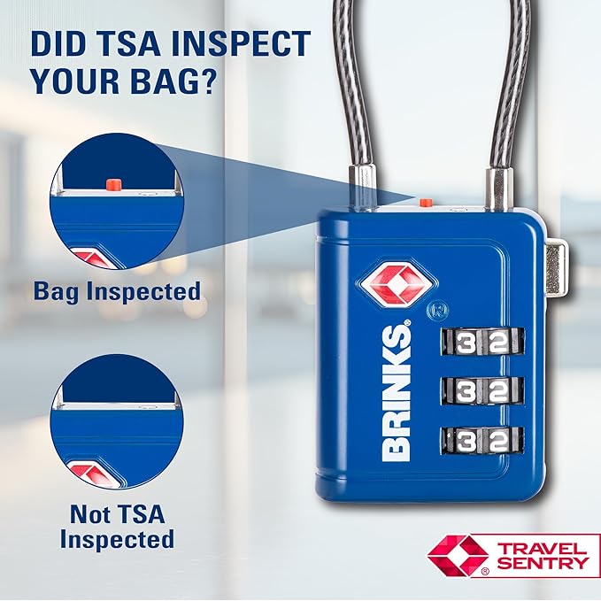 Brinks TSA Accepted Indicator Luggage Lock, Blue - Resettable 3-Dial Combination, 2.5 inch Long Cable Shackle, New More Secure TSA008 Key, 4 Pack
