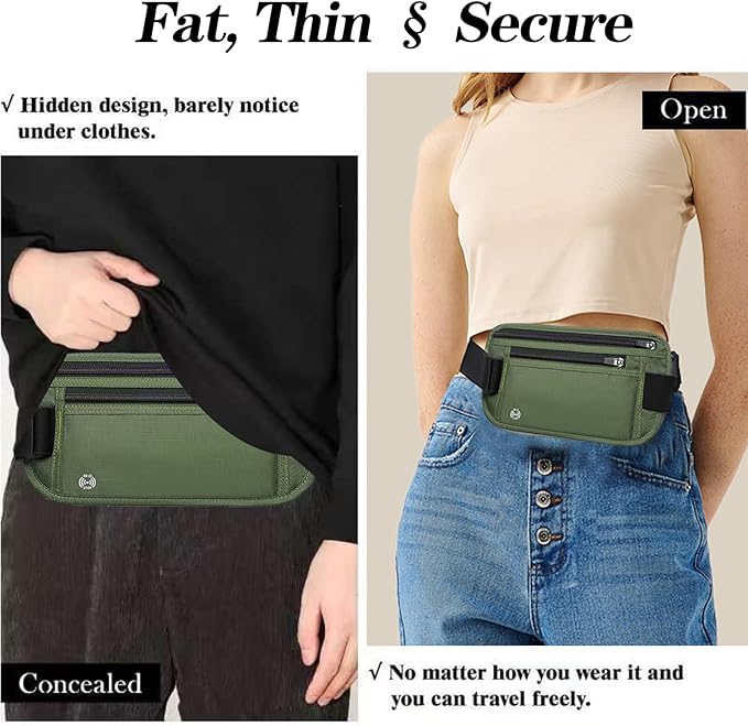 Green Hidden Money Belt for Travel for Men, Waist Wallet Anti Theft, RFID Passport Holder For Travel Men Or Women, Money Pouch, RFID Passport Holder