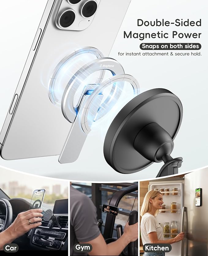 Magtame Double-Sided Magnetic Phone Stand Grip, Strong Magnetic Kickstand Desk Holder for Mag&Safe and Smartphone, Foldable Adjustable Design, Silver