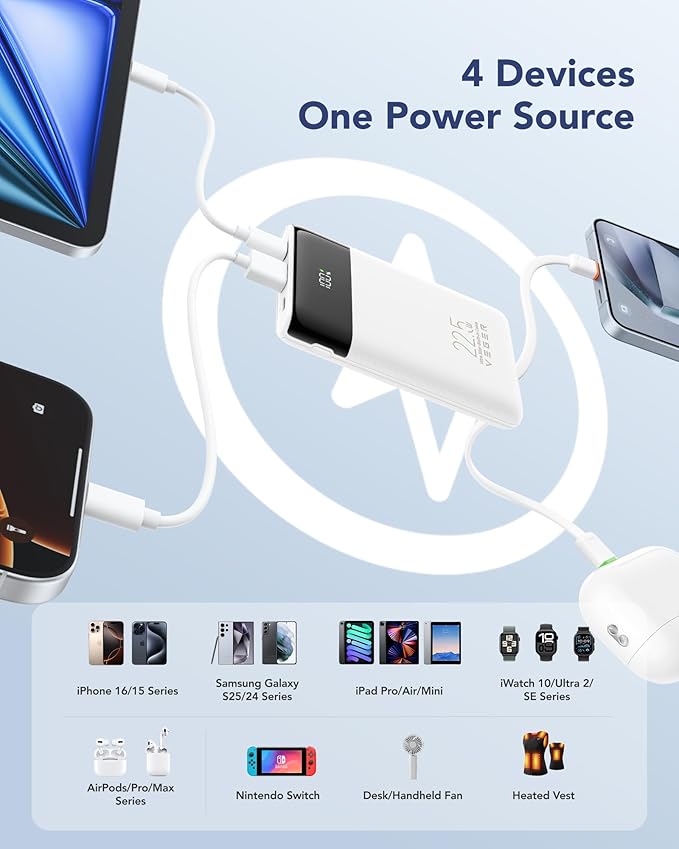 VEGER Portable Charger, Ultra Slim 22.5W Fast Charging with Built in Cable, Flight-Safe 10000mAh USB C Power Bank Battery Pack, Travel Essential Phone Powerbank for iPhone 17 16 Samsung S25 Google etc