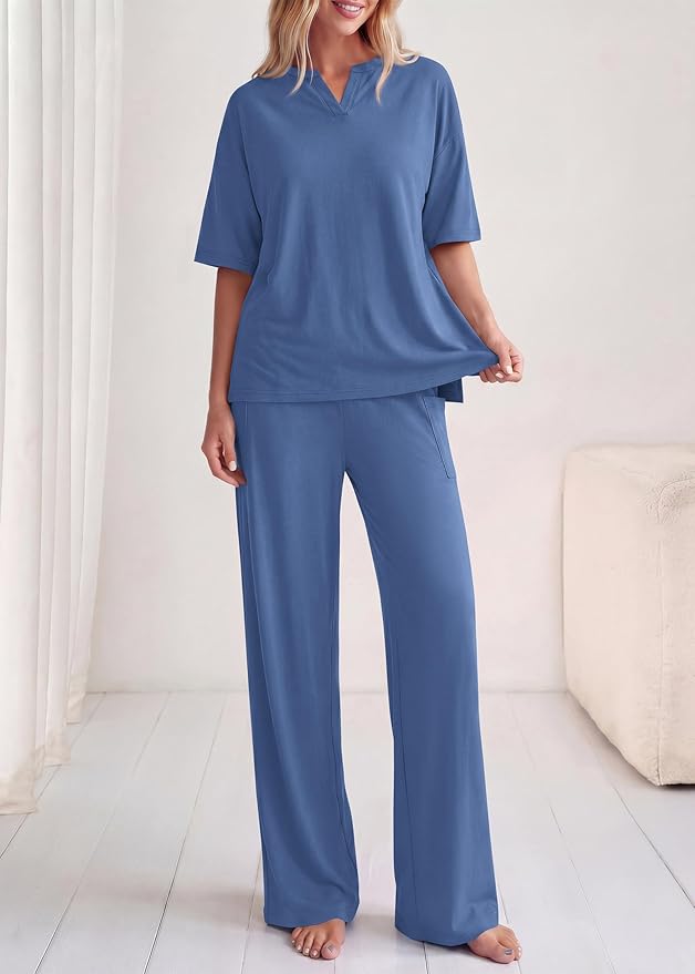 KIRUNDO Womens 2 Piece Matching Lounge Set Airport Travel Vacation Summer Outfits Oversized Short Sleeve Tops Wide Leg Pants
