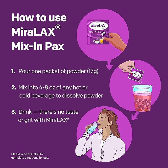 MiraLAX Gentle Constipation Relief Laxative Powder, Stool Softener with PEG 3350, No Harsh Side Effects, Single Dose Mix-In Pax with Mixing Stirrers, Travel Pack, 10 Dose