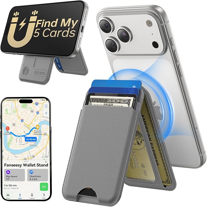 TWZKG for MagSafe Wallet, Works with Apple Find My,5 Card Holder with Stand, Magnetic Phone Wallet for iPhone 17/16/15/14/13/12 Pro Max Plus Air, RFID Blocking Vegan Leather,Dark Grey