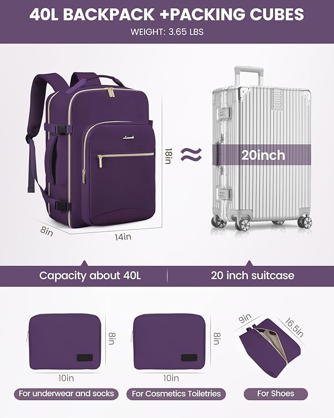 LOVEVOOK Travel Backpack for Women & Men 40L,Airline Approved Carry On Backpack Travel Essentials,TSA Carry on Luggage,Waterproof Personal Item Travel Bag,Suitcase with 3 Packing Cubes,Dark purple