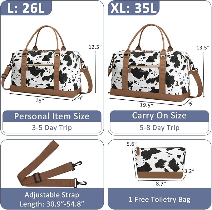 ELONGRIVER Travel Duffle Bag for Women, Weekender Bags, Hospital Bag for Labor Delivery, Lightweight Tote Duffel Overnight Bag with Luggage Sleeve, Airplane Travel Bags with Toiletry Bag, Large, Cow