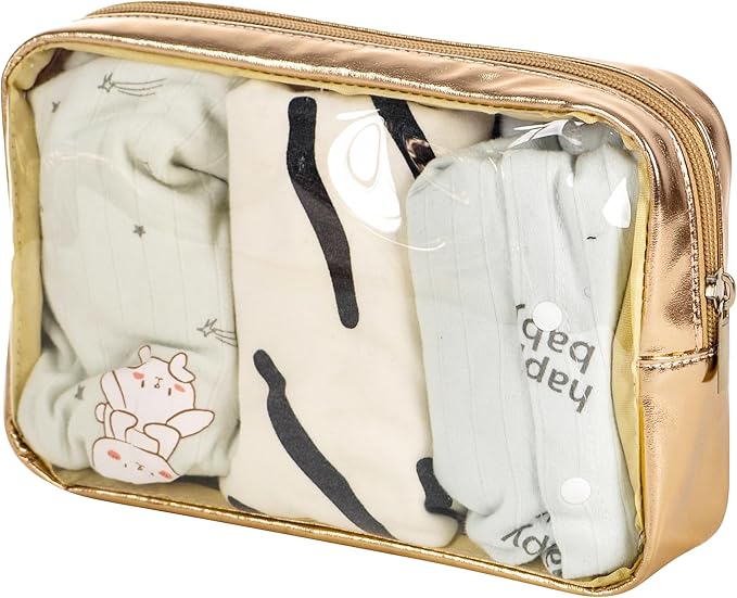 Remobia Hicol TSA Approved 5-Piece Diaper Bag Organizer Pouch Set Clear Waterproof TPU Kids Toiletry Storage Set Travel Packing Clutch Cube Bags for Baby Nursing(Gold leather)