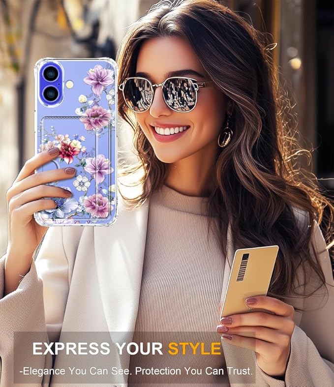 Compatible with iPhone 16 Case Card Holder for Women Cute Design,Wallet Phone Cases Transparent Cool Kawaii Protective (Clear Wonderful Large Flowers)