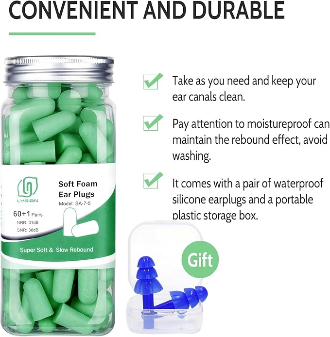 Lysian Earplugs Sleep Earplugs Noise Cancelling Ear Plug for Hearing Protection Snoring Sound Blocking 30dB Highest NRR 60 Pairs with 1 Pair Reusable Earplug, Green